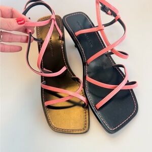 Sigerson Morrison Pink Strappy Leather Sandals with Sculptural Heel – Size 39½